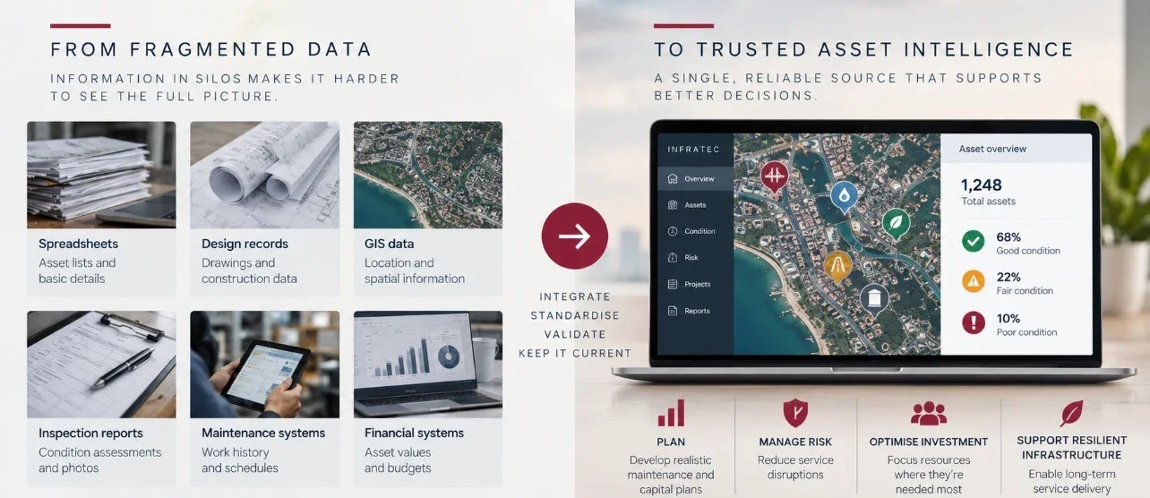 Infographic showing fragmented spreadsheets, drawings and GIS data becoming trusted asset intelligence.