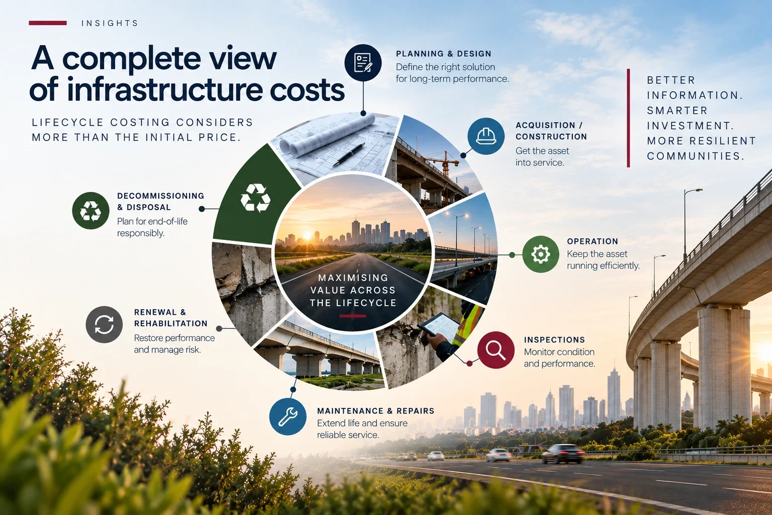 Circular infographic showing the full infrastructure lifecycle costs, from planning and design to decommissioning and disposal.